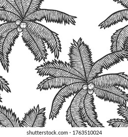 Seamless pattern. Exotic, palm tree with coconuts. Sketch scratch board imitation. Black and white. Engraving vector illustration.