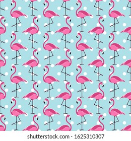 Seamless pattern with exotic pink Flamingo, funny delicate polka dot background, vector illustration