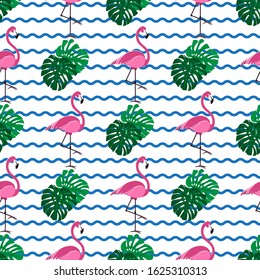 Seamless pattern with exotic pink Flamingo with tropical palm leaves, funny background, vector illustration