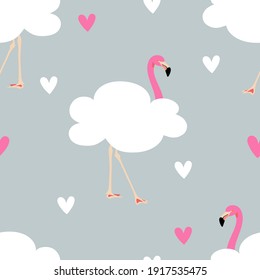 Seamless pattern with exotic pink flamingos on a blue sky background. Birds in a cloud suit for printing on fabric, textiles, paper, bedding. Vector graphics.