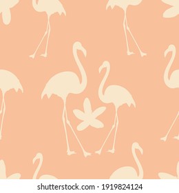 Seamless pattern with exotic pink flamingos on a pastel background. Birds for printing on fabric, textiles, paper, bedding. Vector graphics.