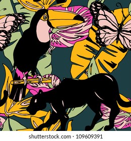 Seamless pattern with exotic plants and animals in vector