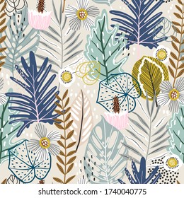 Patrón sin foco con plantas exóticas y flores. Textura floral de resorte. Excelente para tela, textil. Ilustración vectorial.
