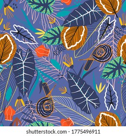Patrón sin foco con plantas exóticas y flores. Textura floral de resorte. Excelente para tela, textil. Ilustración vectorial.
