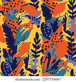 Seamless pattern with exotic plants and leaves. Vector illustration. decorative elements wallpaper