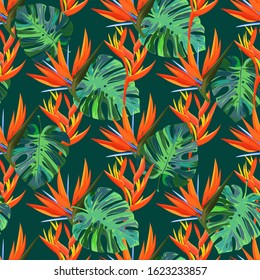 Seamless pattern with exotic plants. Summer dark background.