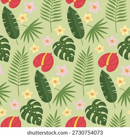 Nahtloses Muster mit exotischen Pflanzen und tropischen Blumen. Sommerlicher Hintergrund mit Laub und Blüten