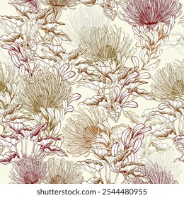Seamless pattern with exotic protea flowers. Line art botanical background. Hand drawn vector illustration.
