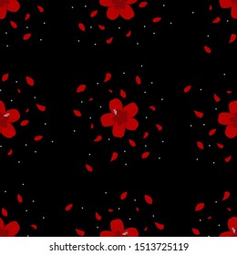Seamless pattern with exotic red hibiscus flower. For the design of the background, paper, fabric. On a black background