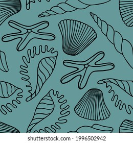 Seamless pattern with exotic seashells and starfish on a mint background in vector