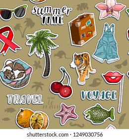 Seamless pattern with exotic sticker set. Summer travel and voyage concept. Vector illustration