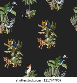 Seamless pattern with exotic trees and animals. 