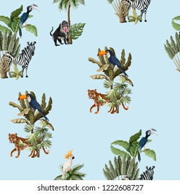 Seamless pattern with exotic trees and animals