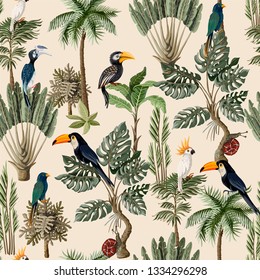 Seamless pattern with exotic trees and animals. 