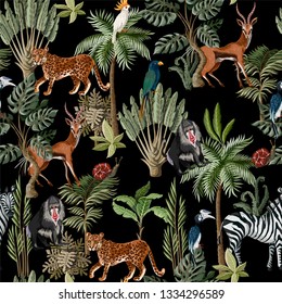 Seamless pattern with exotic trees and animals. 