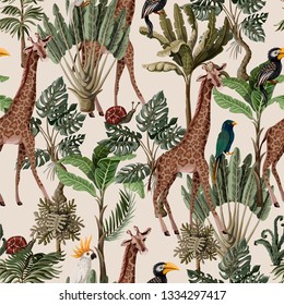 Seamless pattern with exotic trees and animals. 