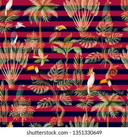 Seamless pattern with exotic trees and animals.