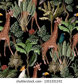 Seamless pattern with exotic trees and animals.  - Shutterstock ID 1351331192