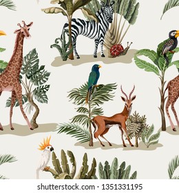 Seamless pattern with exotic trees and animals. 