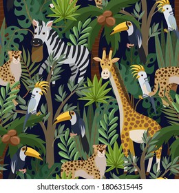 Seamless pattern with exotic trees and animals for kids interior or fabric. Vector baby print.