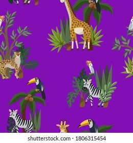 Seamless pattern with exotic trees and animals for kids interior or fabric. Vector baby print.