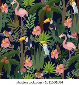 Seamless pattern with exotic trees and animals for kids interior or fabric. Vector baby print.