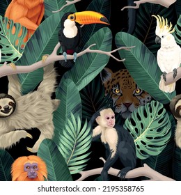 Seamless pattern with exotic trees and animals