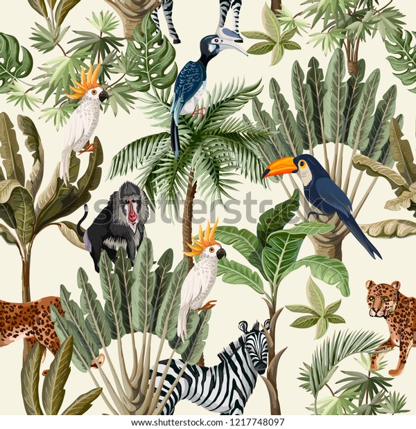Seamless pattern\
with exotic trees and animals.\

