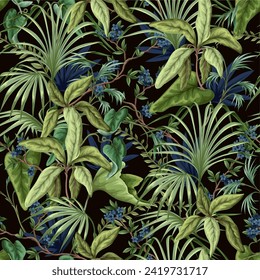 Seamless pattern with exotic trees, leaves and flowers. Vector