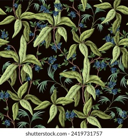 Patrón sin foco con árboles exóticos, hojas y flores. Vector