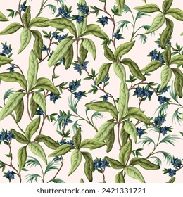 Seamless pattern with exotic trees, leaves and flowers. Vector