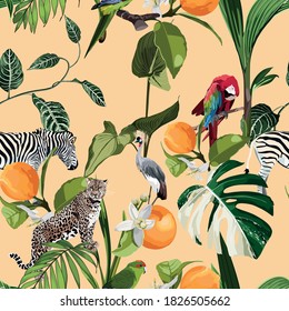 Seamless pattern with exotic trees, plants, and animals, birds  background.	