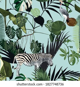 Seamless pattern with exotic trees, plants, and animals, birds on vintage blue background.	