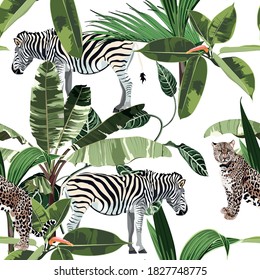 Seamless pattern with exotic trees, plants, and animals: zebra and leopard on white background.	