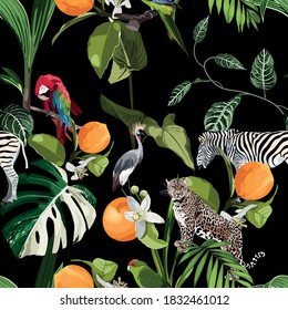 Seamless pattern with exotic trees, plants, and Safari animals, birds  background.	