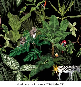 Seamless pattern with exotic trees, plants, and animals, birds on vintage black background.	