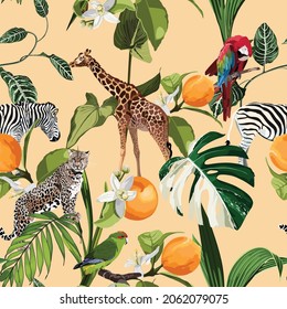 Seamless pattern with exotic trees, plants, and animals, birds on orange background. Giraffe. Zebra. Parrot. Leopard.