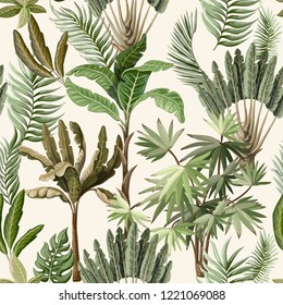 Seamless pattern with exotic trees such us palm and banana. 