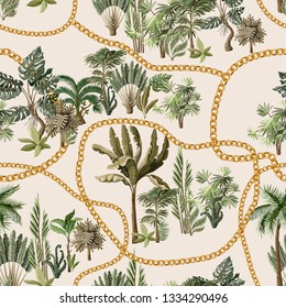 Seamless pattern with exotic trees such us palm, monstera and banana with chains