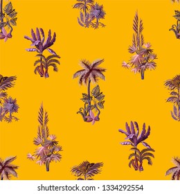 Seamless pattern with exotic trees such us palm, monstera and banana. Interior vintage wallpaper