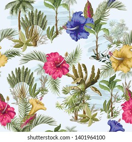 Seamless pattern with exotic trees such us palm, banana and hibiscus flowers.