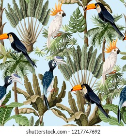 Seamless pattern with exotic trees and wild bird, parrots and toucans.