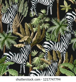 Seamless pattern with exotic trees and wild zebra. 