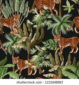 Seamless pattern with exotic trees and wild leopard. 