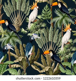 Seamless pattern with exotic trees and wild bird, parrots and toucans. 