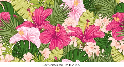 Seamless pattern with exotic tropic green leaves and red, pink hibiscus flowers. Endless hawaaiian style print for fabric, wallpaper.