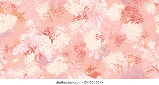 Seamless pattern with exotic tropic leaves hibiscus flowers. Endless hawaiian style print for fabric, wallpaper. Grunge abstract spots, textures.