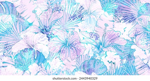 Seamless pattern with exotic tropic leaves hibiscus flowers. Endless hawaiian style print for fabric, wallpaper. Grunge abstract spots, textures.