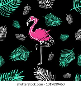 Seamless pattern, exotic tropical bird, flamingo, leaves, black background