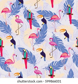 Seamless pattern with exotic tropical birds and Feathers. Boho style Hand drawn tropical background.